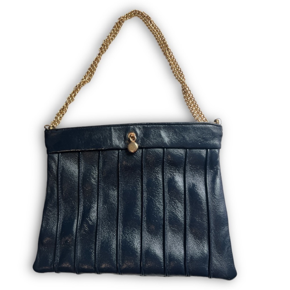 Vintage Andes Navy Blue Hinged Leather Purse With Gold Chain